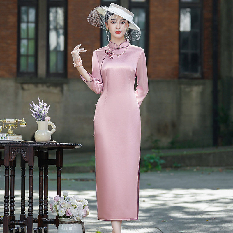 粉紫色醋酸旗袍春季2026新款日常复古民国长袖改良喜妈妈婚宴礼服