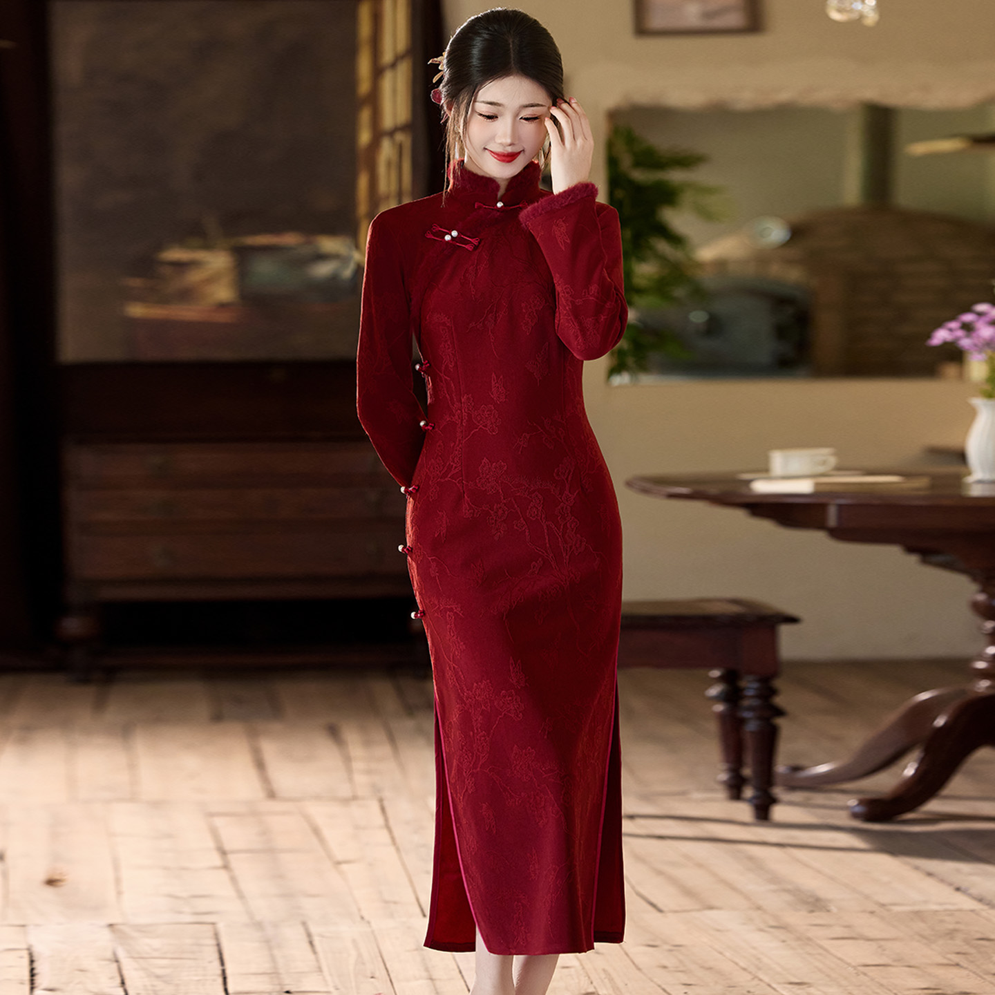 红色加绒加厚毛领保暖旗袍长款冬