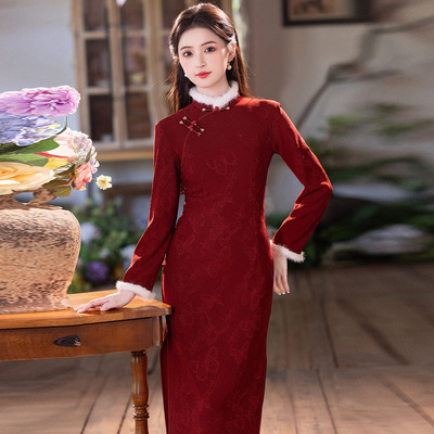 红色喜庆过年新中式加绒加厚旗袍