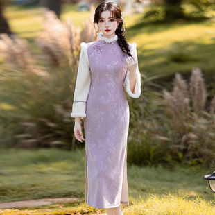 新中式改良欧棉绒加厚旗袍裙冬装2025新款年轻款日常可穿优雅紫色