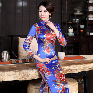 改良旗袍连衣裙女秋少女长袖重磅真丝长款宴会走秀年会复古精致
