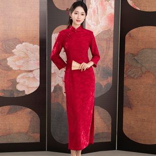中式醋酸提花红色旗袍长款秋冬季2025新款国风高端大气上档次大码