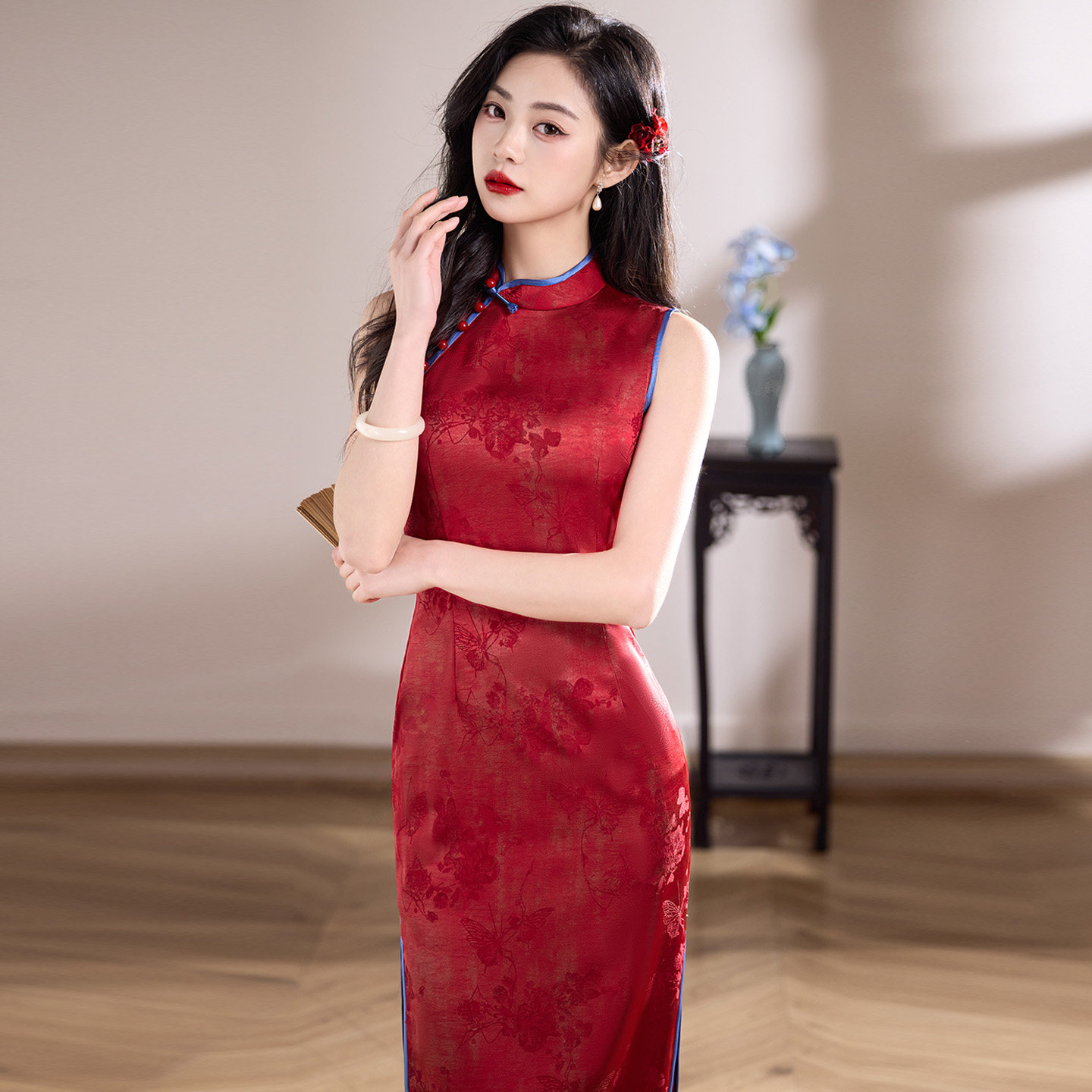 红色送考提花旗袍夏季2026新款无袖中长款小个子修身显瘦年轻款女