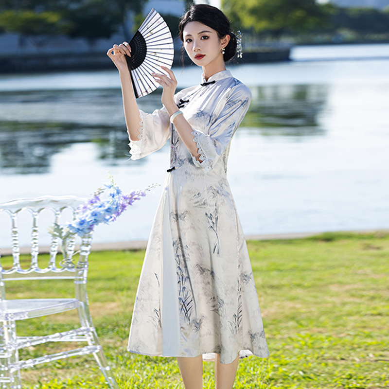 春新款江南水墨风高端提花奥黛裙