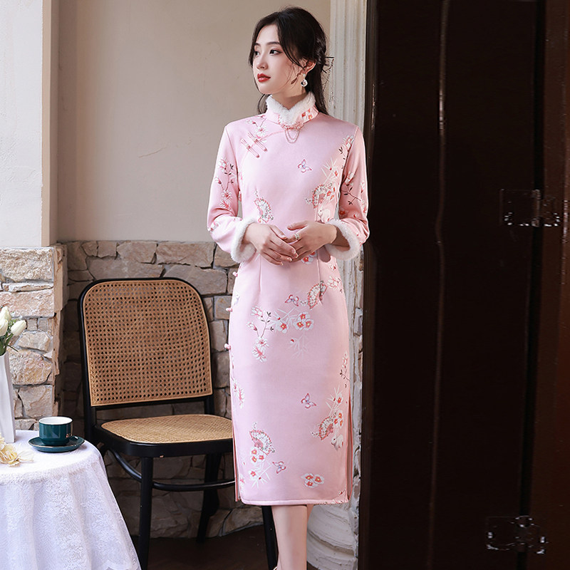 粉色清新加绒旗袍女冬款年轻长袖