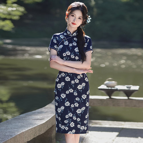 日常复古小碎花真丝绸旗袍女新款