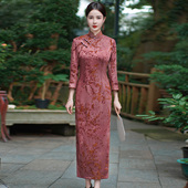 高端大气上档次日常可穿长袖 2025新款 连衣裙 植绒旗袍长款 高档中式