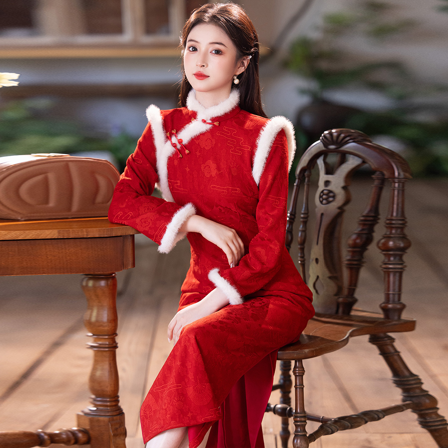 过年圣诞节红色雪尼尔加厚旗袍裙