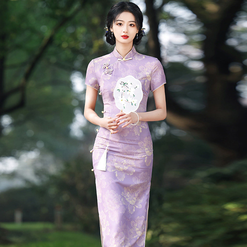 小众绝美斜纹缎紫色旗袍2025夏款