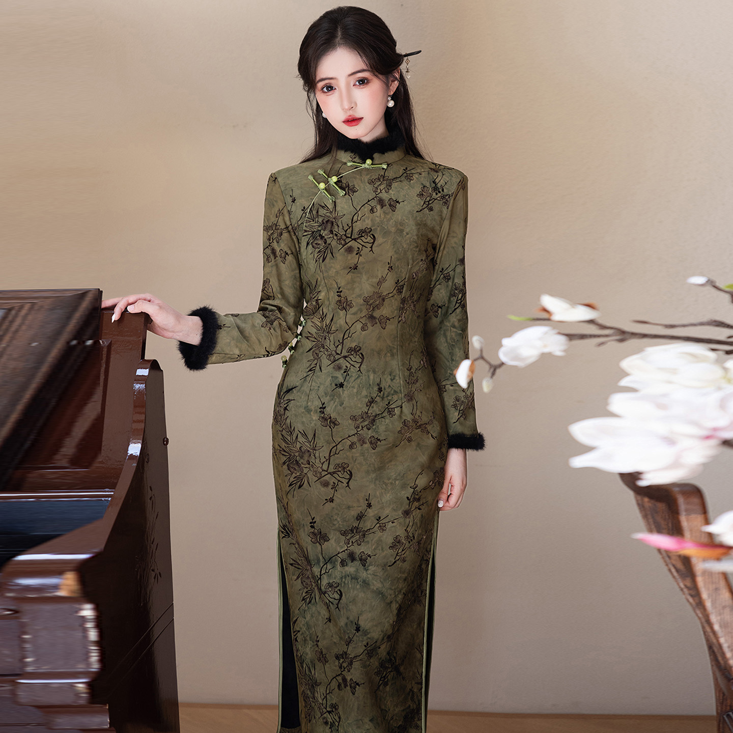 新中式扎染加厚加绒旗袍长袖冬季