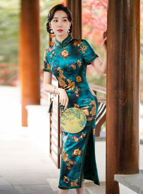 真丝旗袍绿色2026夏季新款高端复古民国风女装中年女妈妈日常可穿