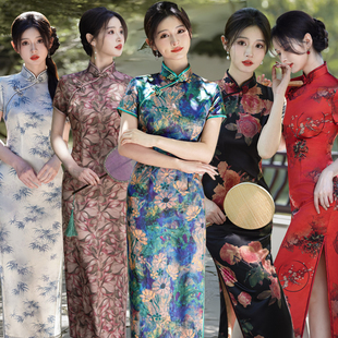 2025新中式国风夏季新款旗袍长款绸缎连衣裙日常可穿复古多色大码