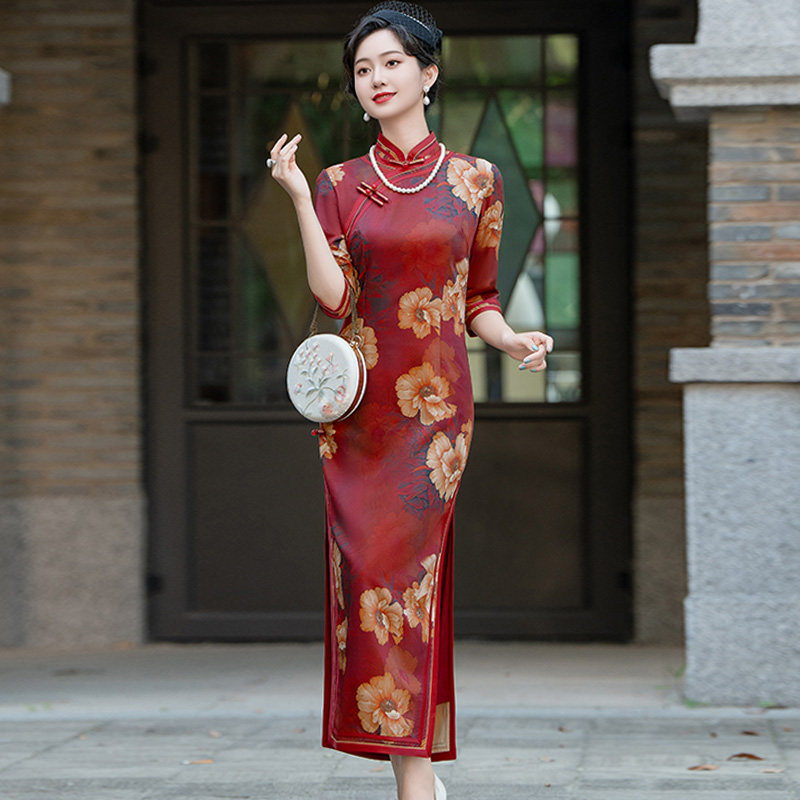 重工真丝旗袍春款喜婆婆妈妈礼服