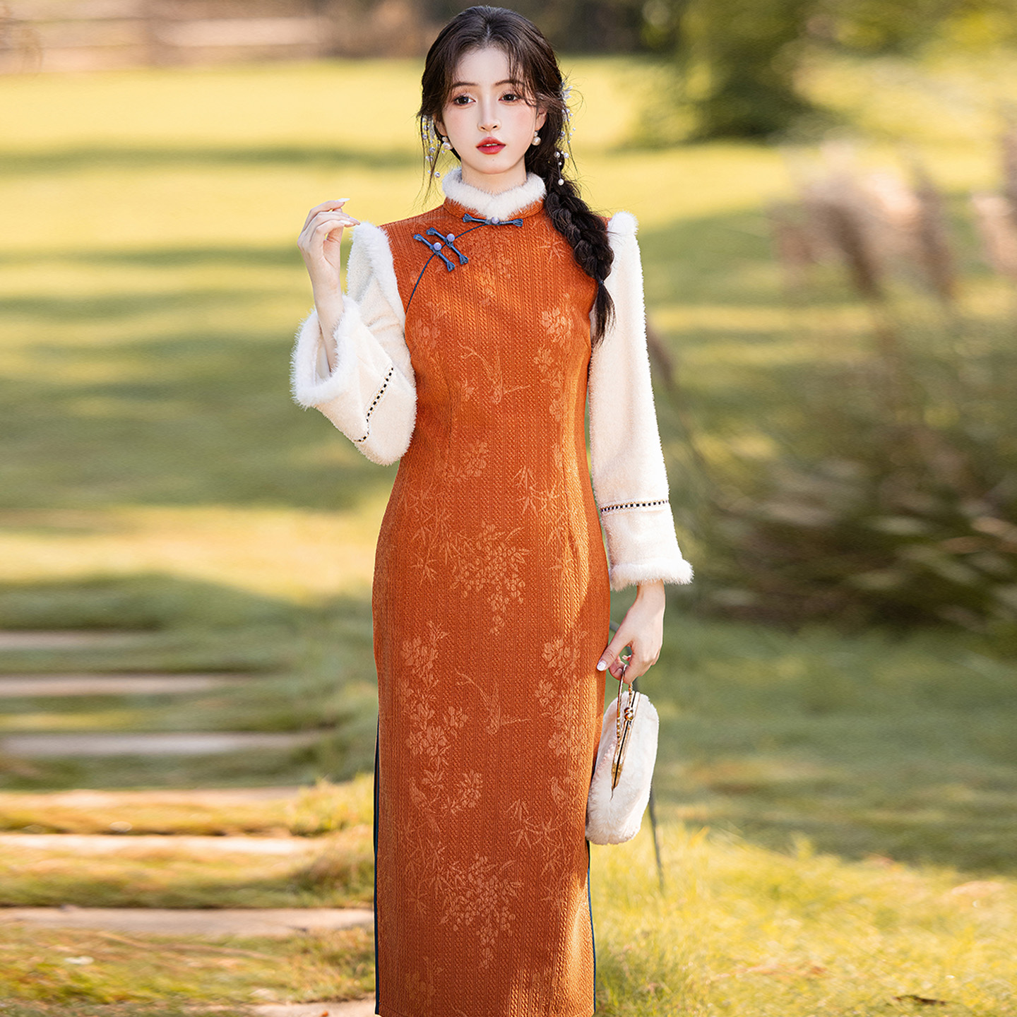 橙色雪尼尔加厚加绒旗袍冬季新款