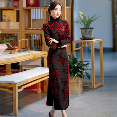 红色旗袍冬装加厚加绒中老年妈妈