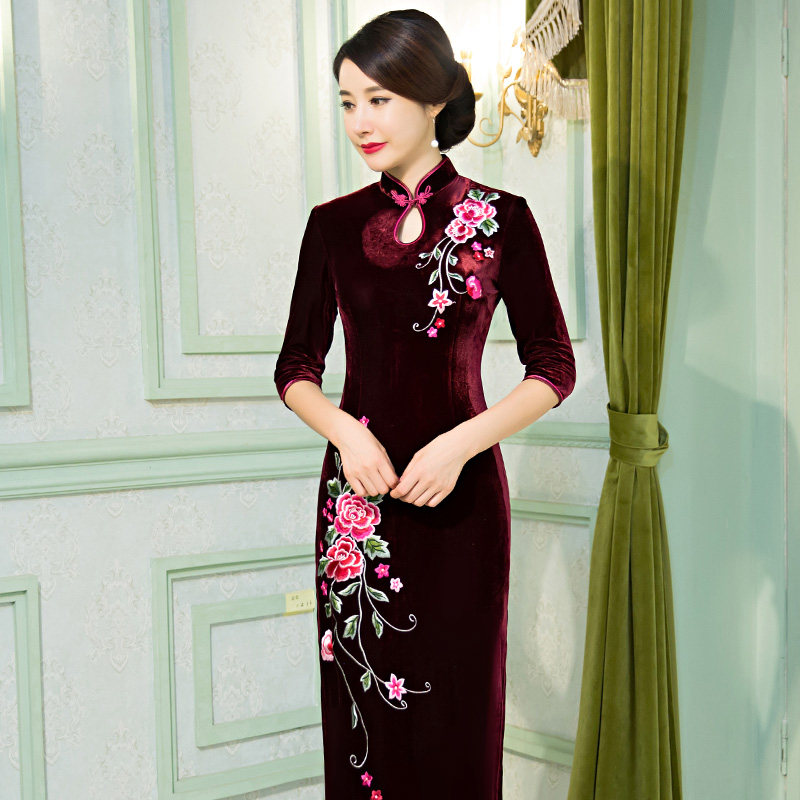 金丝绒旗袍长款改良连衣裙2025年秋季女长袖旗袍中长款大码妈妈装