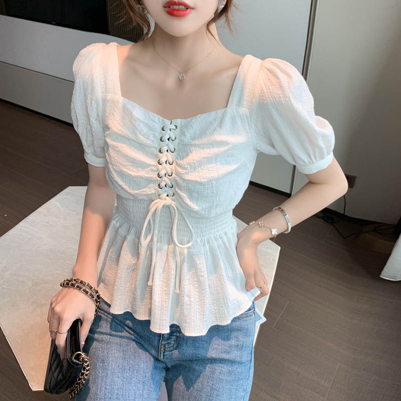 2021新款雪纺衫女夏短袖韩版百搭修身显瘦小衫收腰方领系带上衣潮在类目 女装/女士精品, 蕾丝衫/雪纺衫中 - 来自Buy2taobao.com提供专业的淘宝代购服务