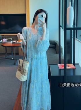 Zwinnie/詹维尼【金丝落叶 蓝色版】晕染刺绣长袖显瘦连衣裙