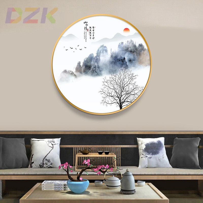 新中式圆形山水画客厅入户玄关沙发背景墙装饰画过道晶瓷挂画壁u9