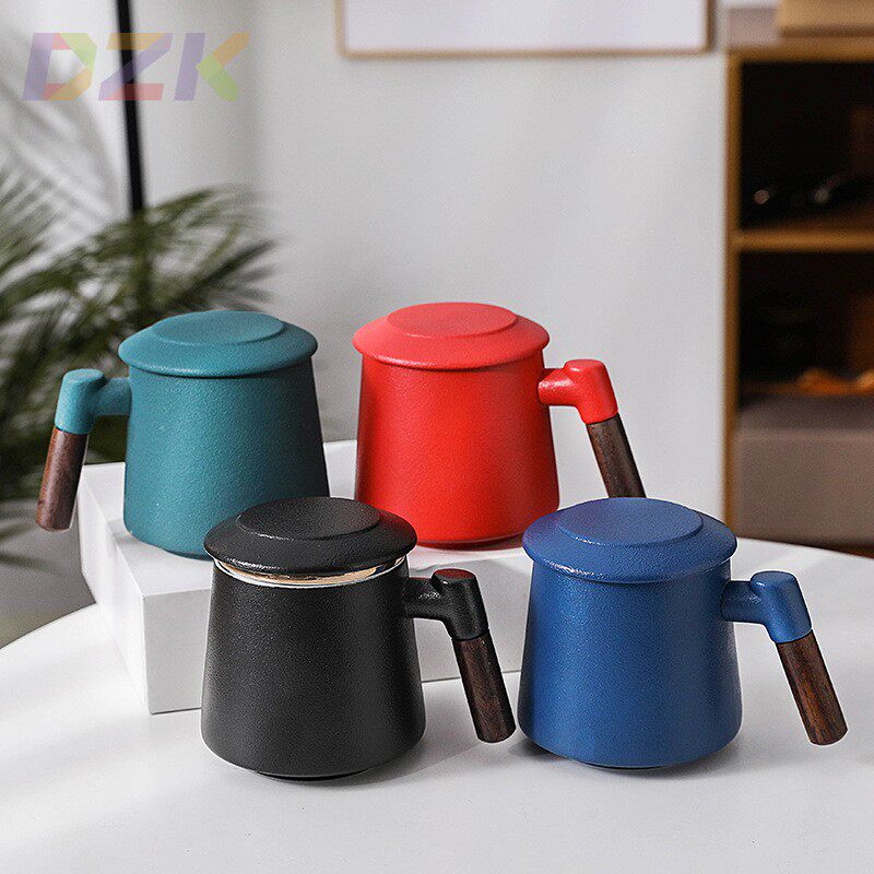 陶瓷带盖过滤茶杯茶水分离杯办公泡茶杯木手柄随水礼LOGO送礼礼u4