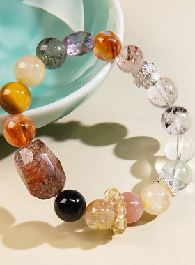 天然多宝水晶串珠手链女生轻奢高级感黑金超七绿幽灵手串首饰批发