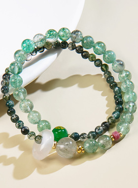 五行金木水火土双圈水晶手链女天然绿草莓晶玛瑙串珠招财手串批发