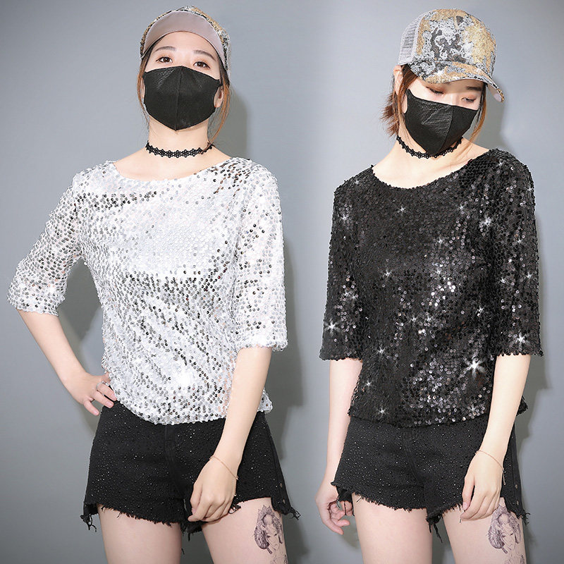 半袖女2019新款韩范宽松中袖表演亮片t恤女ins超火的上衣百搭体恤|msdalam kategori Butik wanita / wanita, baju-T - dari Buy2taobao.com untuk memberikan perkhidmatan ejen Taobao profesional membeli