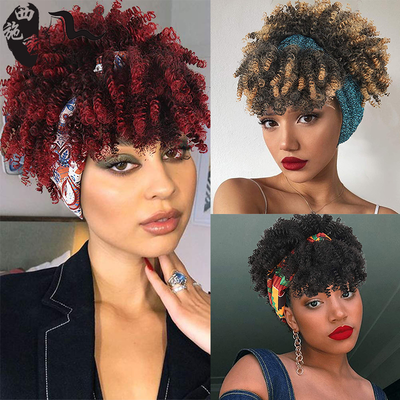 Afro kinky curly ponytail with bangs clips afro puff woman 美发护发/假发 发包/丸子 原图主图