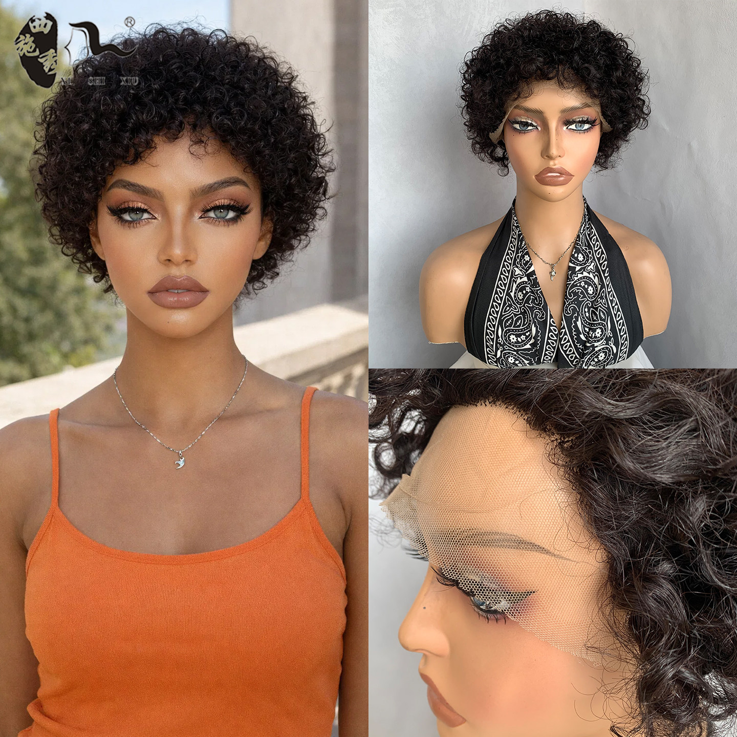 非洲小卷时尚真人发蕾丝假发头套Afro kinky curly 13*1 lace wig