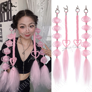 时尚可爱女假发儿童泡泡辫心形公主风造型金属扣环马尾麻花辫子