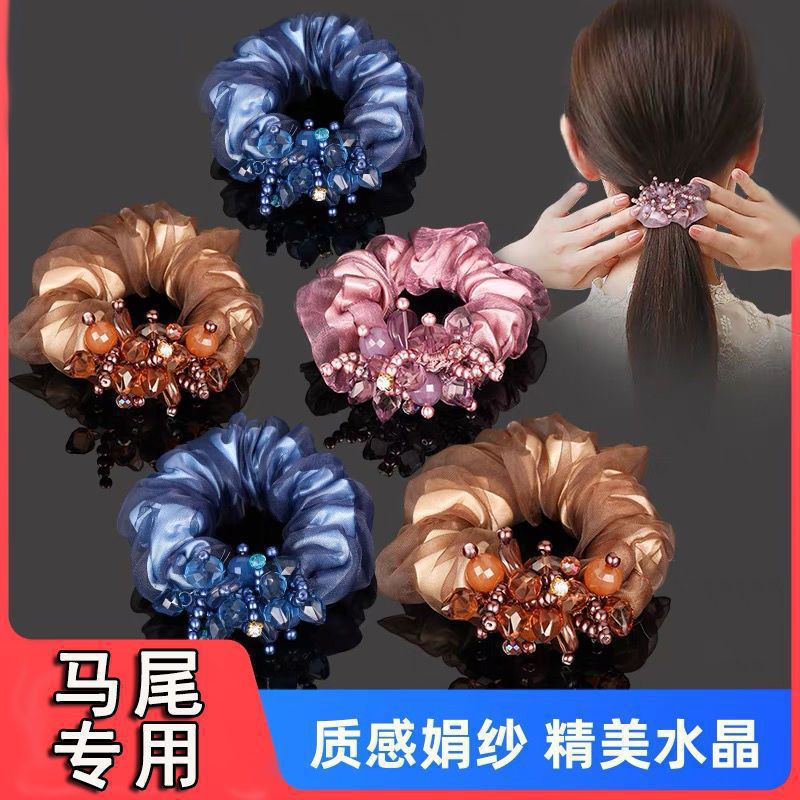 跨境水晶头花女网纱头绳成人丸子头发圈串珠发绳仿花朵绑头发