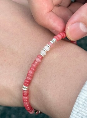 Oasistide天然石粉玉髓手链S925银手串叠戴男女手链情侣款送礼物