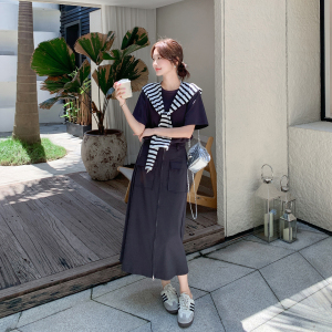 韩版设计感气质减龄假两件连衣裙女2025夏季新款条纹披肩A字长裙图片