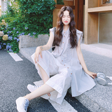 设计感减龄条纹无袖衬衫连衣裙套装女2025夏新款休闲阔腿裤两件套，女装套装/套裙，2C302