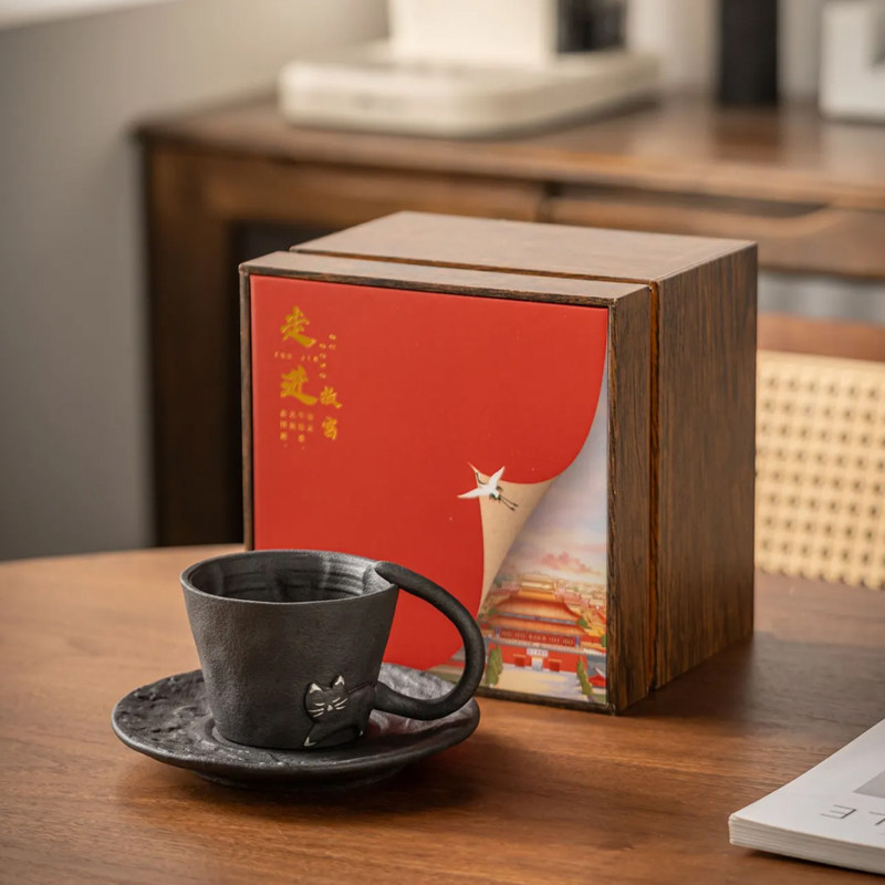 复古陶瓷猫咪手作铁胎咖啡杯碟套装手柄杯茶杯家用简约黑色礼盒装