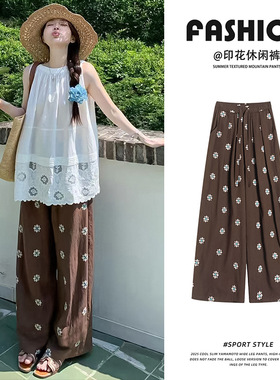 日系复古咖色印花阔腿裤女夏2026新款抽绳高腰显瘦亚麻直筒休闲裤