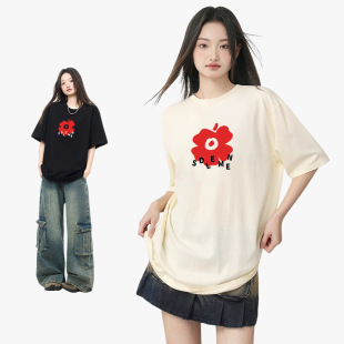 时尚 T恤女夏季 圆领宽松纯棉印花上衣 休闲圆领短袖 230g美式