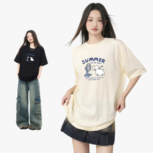 休闲百搭上衣服 圆领短袖 夏季 小清新吹风兔兔印花T恤纯棉230g经典