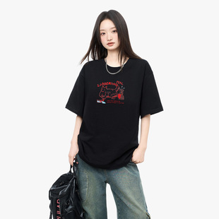 230g纯棉印花T恤女设计感小众美式 圆领宽松休闲百搭情侣上衣 短袖
