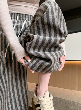 美式高街休闲宽松灰色条纹阔腿裤女春夏新款高腰垂感直筒拖地长裤
