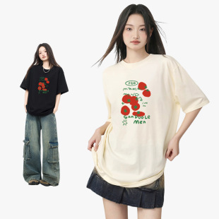 休闲百搭打底上衣 宽松短袖 夏季 230g纯棉红西红柿T恤印花圆领时尚