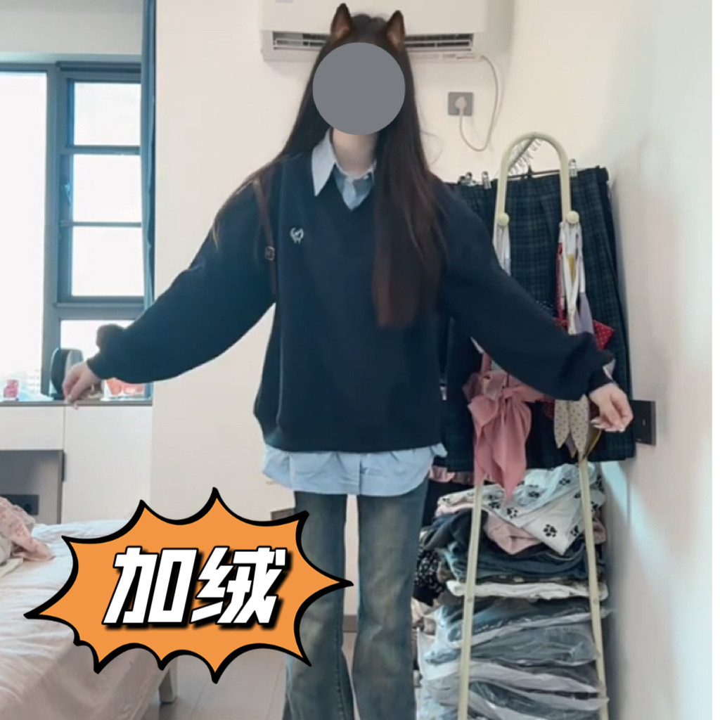 胖mm美式慵懒风假两件polo领刺绣卫衣女秋冬加绒学院风百搭外套潮