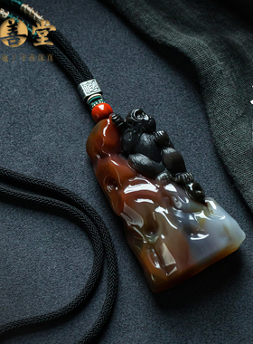 孤品【玛瑙·金猴献瑞】吊坠玉石玉佩送男友项链高档礼物一物一证