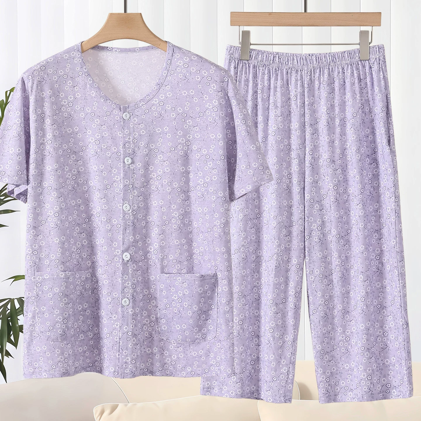 夏季纯棉开衫短袖七分裤睡衣女中老年妈妈宽松大码全棉家居服套装