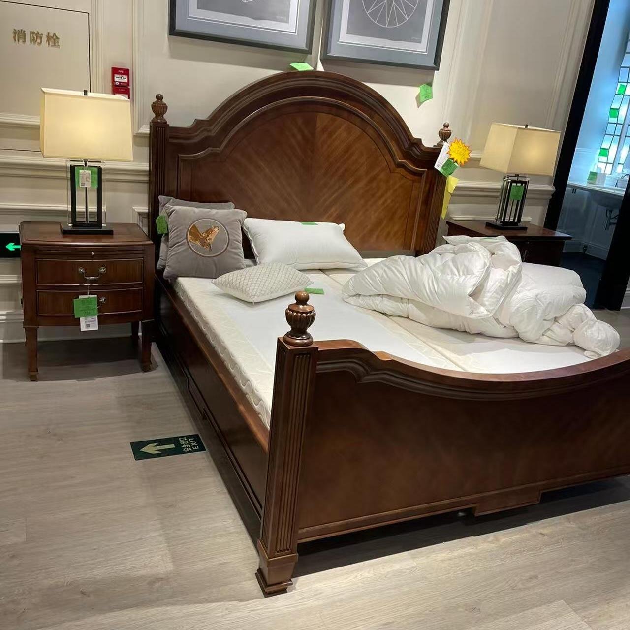 美克新传统美家经典皇后柱式床卧室美式实木雕刻胡桃色双人床主卧