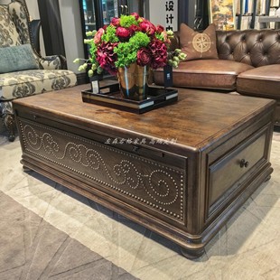 美克art家具橡木威士忌茶几定制美式实木雕刻方形铆钉工业咖啡桌