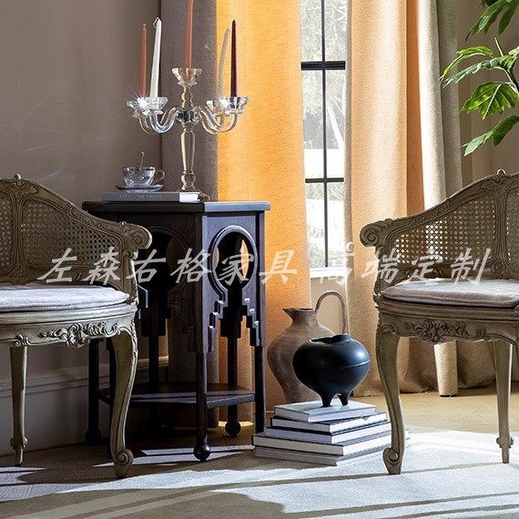 美式布艺老虎椅单人木质沙发复古客厅休闲椅子卧室高背藤椅实木