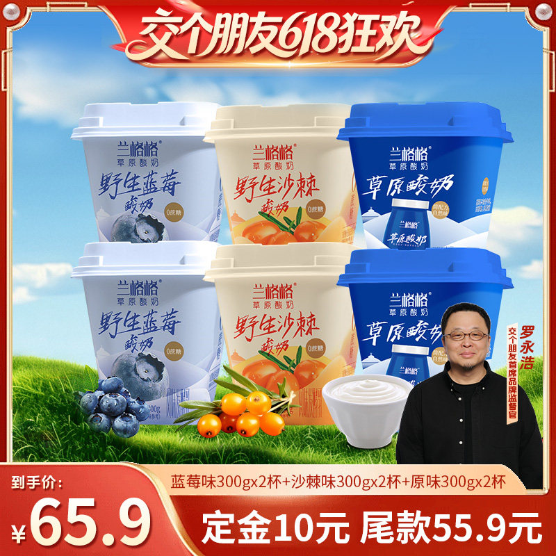【交个朋友618先加购】兰格格酸奶野生蓝莓/沙棘/原味300g*6杯
