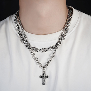 双层叠戴十字架项链男小众设计嘻哈朋克潮流锁骨链不掉色颈链配饰