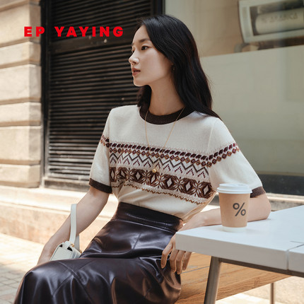 EP雅莹2025新款 牦牛绒羊毛羊绒混纺费尔岛毛衣 提花针织T恤9527A